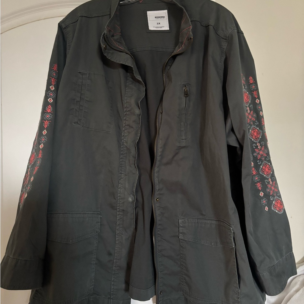 Embroidered Women's Jacket - Black with Red Accents